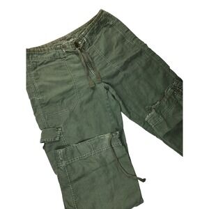 EddieBauer Cargo Pants Women 8P Green Linen Cotton Drawstring Utility Distressed